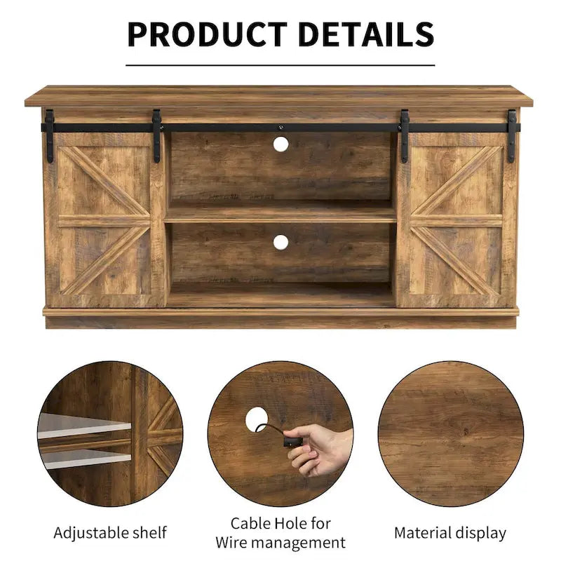 Meuble TV 2 étagères pour téléviseurs de 43 à 65 pouces. Style simple et moderne, inspiré des portes de grange rustiques, idéal pour ranger des objets.