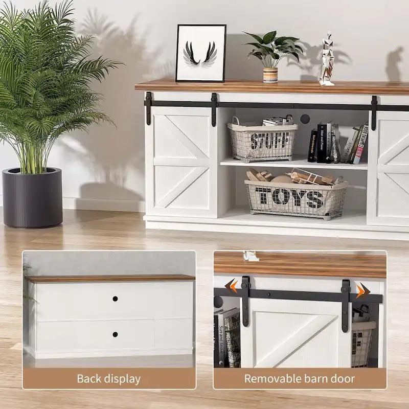 Meuble TV 2 étagères pour téléviseurs de 43 à 65 pouces. Style simple et moderne, inspiré des portes de grange rustiques, idéal pour ranger des objets.