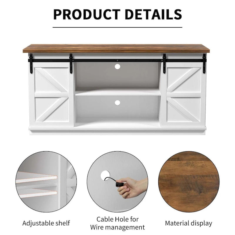 Meuble TV 2 étagères pour téléviseurs de 43 à 65 pouces. Style simple et moderne, inspiré des portes de grange rustiques, idéal pour ranger des objets.