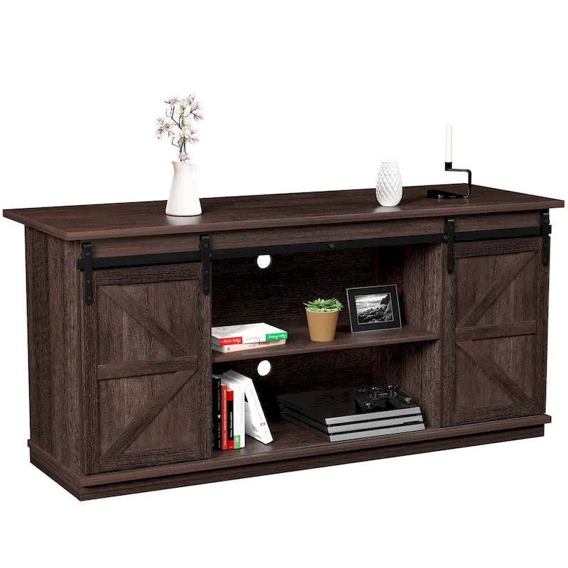 Meuble TV 2 étagères pour téléviseurs de 43 à 65 pouces. Style simple et moderne, inspiré des portes de grange rustiques, idéal pour ranger des objets.