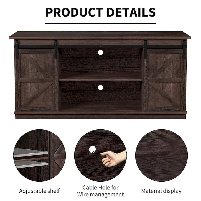 Meuble TV 2 étagères pour téléviseurs de 43 à 65 pouces. Style simple et moderne, inspiré des portes de grange rustiques, idéal pour ranger des objets.