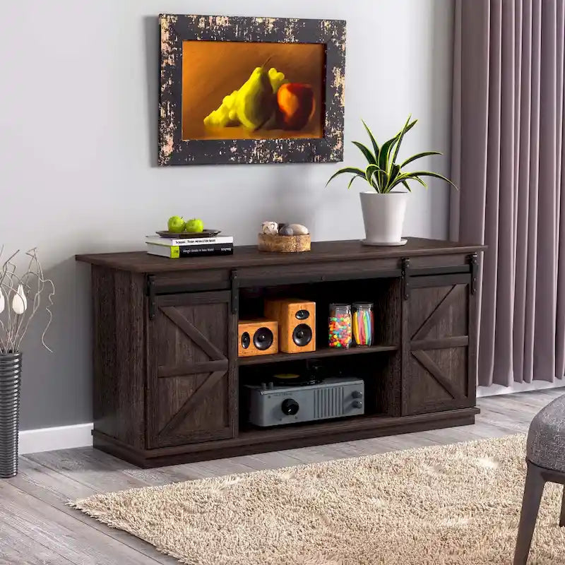 Meuble TV 2 étagères pour téléviseurs de 43 à 65 pouces. Style simple et moderne, inspiré des portes de grange rustiques, idéal pour ranger des objets.