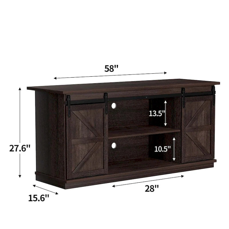 Meuble TV 2 étagères pour téléviseurs de 43 à 65 pouces. Style simple et moderne, inspiré des portes de grange rustiques, idéal pour ranger des objets.