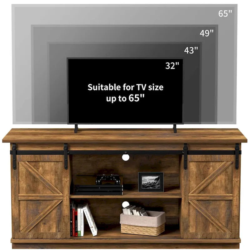 Meuble TV 2 étagères pour téléviseurs de 43 à 65 pouces. Style simple et moderne, inspiré des portes de grange rustiques, idéal pour ranger des objets.