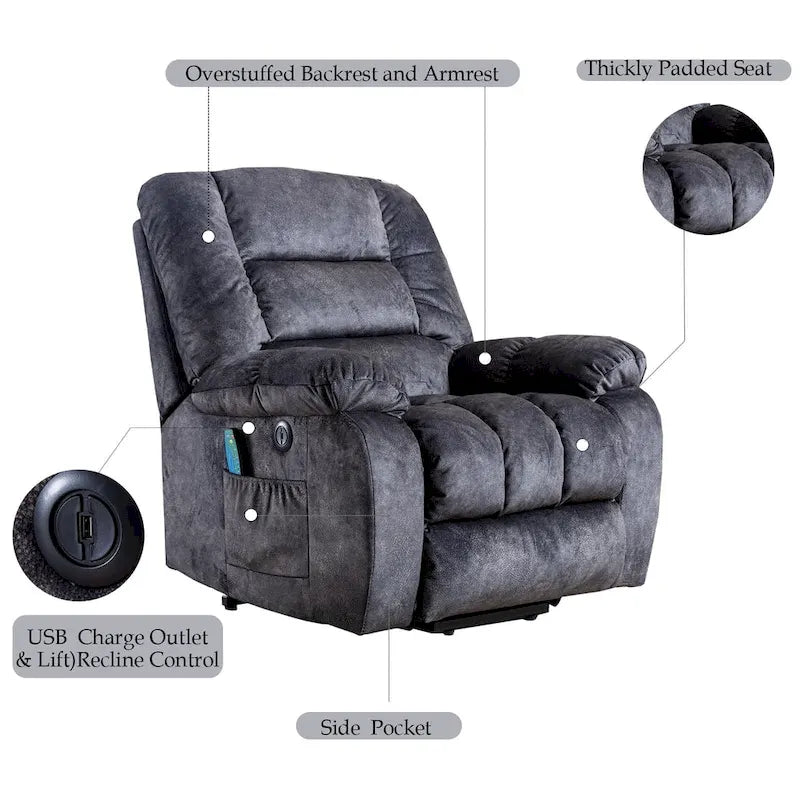 Fauteuil inclinable électrique avec assistance au levage et massage pour personnes âgées