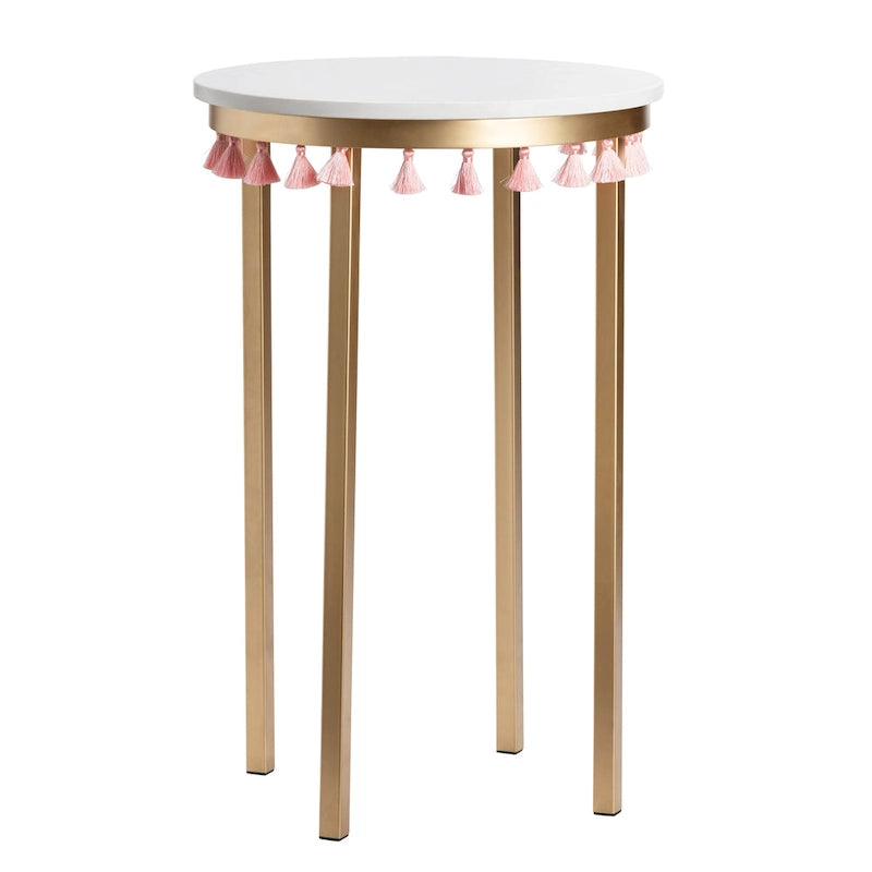 Table en marbre safran avec pompons roses - 40 x 40 x 60 cm
