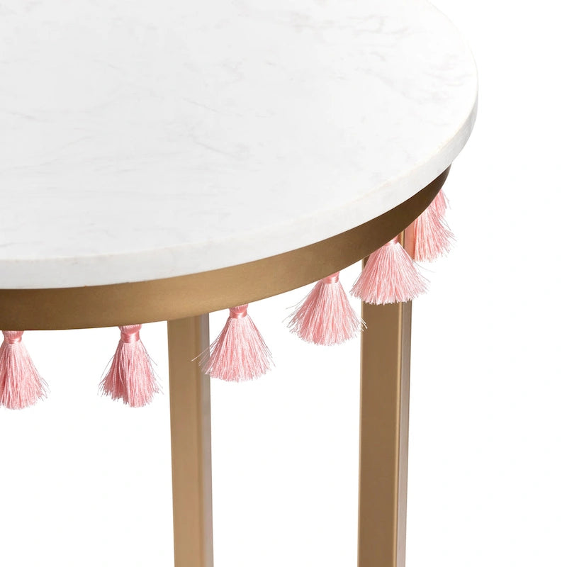 Table en marbre safran avec pompons roses - 40 x 40 x 60 cm