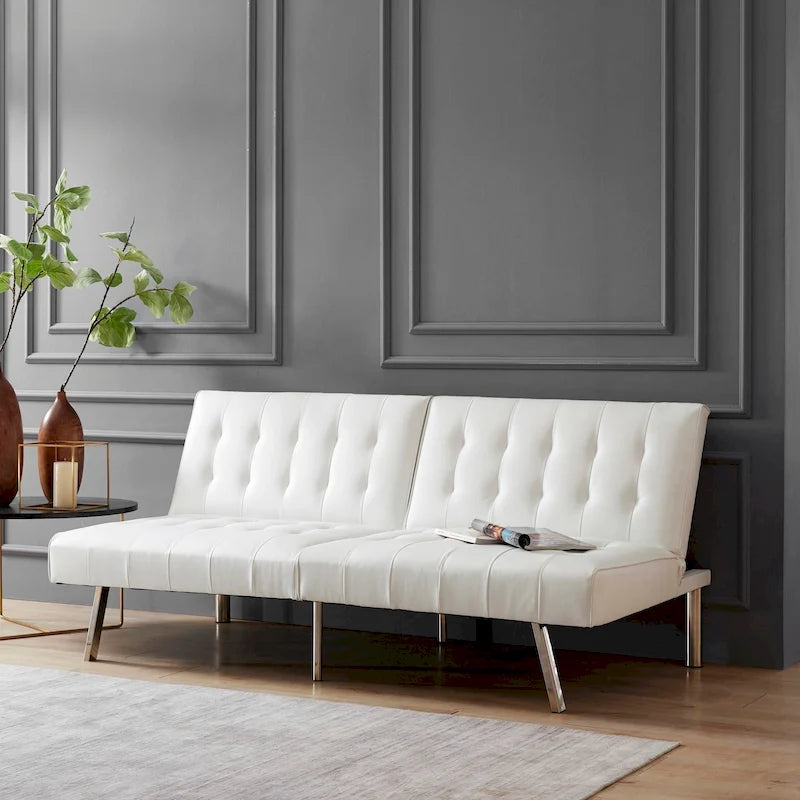 Canapé-lit futon capitonné de style moderne du milieu du siècle, à dossier divisé et pieds chromés