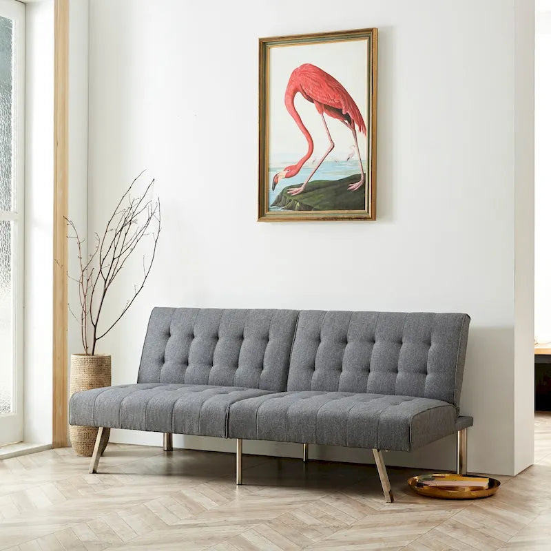 Canapé-lit futon capitonné de style moderne du milieu du siècle, à dossier divisé et pieds chromés