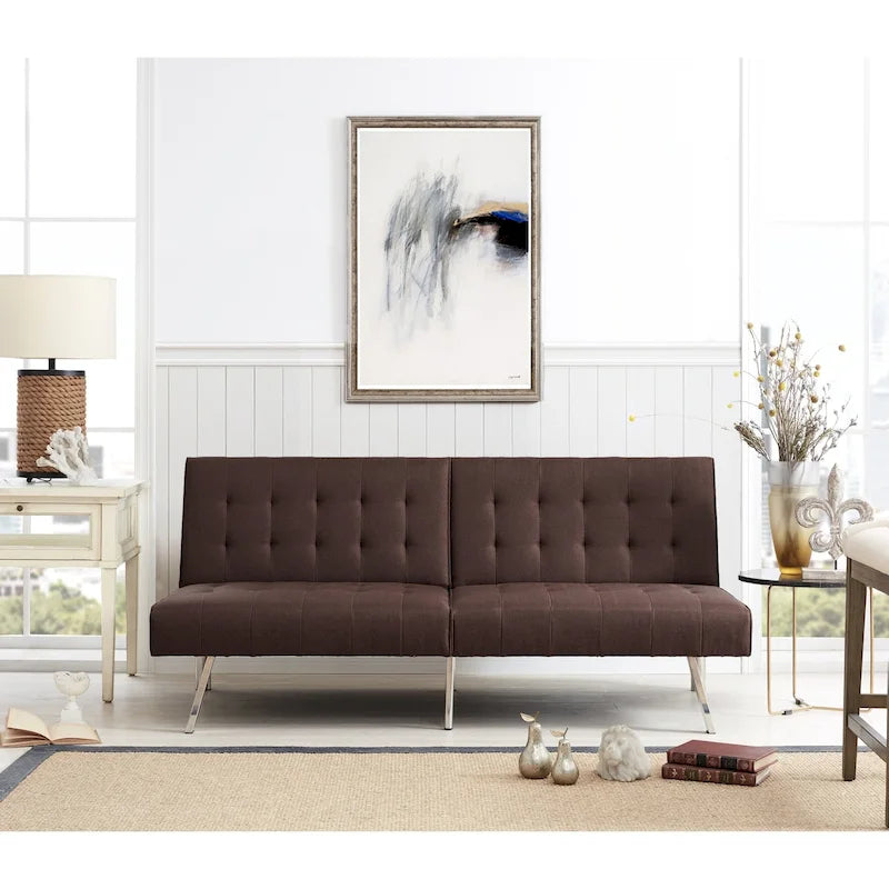 Canapé-lit futon capitonné de style moderne du milieu du siècle, à dossier divisé et pieds chromés
