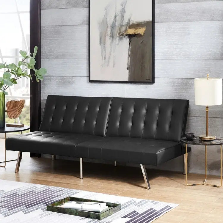 Canapé-lit futon capitonné de style moderne du milieu du siècle, à dossier divisé et pieds chromés