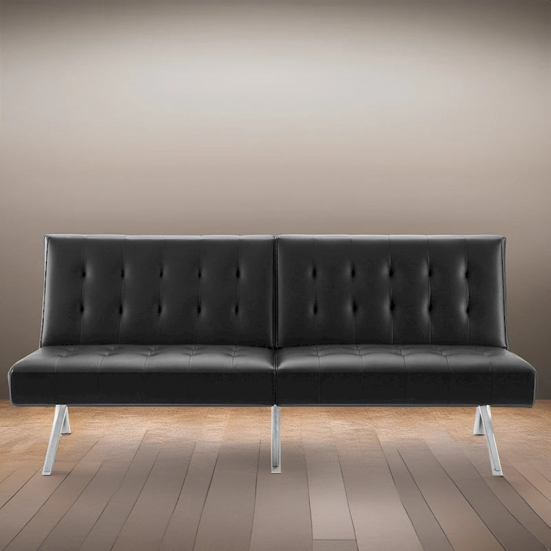 Canapé-lit futon capitonné de style moderne du milieu du siècle, à dossier divisé et pieds chromés