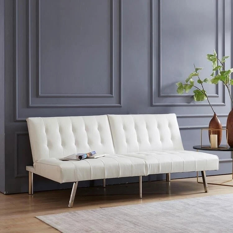 Canapé-lit futon capitonné de style moderne du milieu du siècle, à dossier divisé et pieds chromés