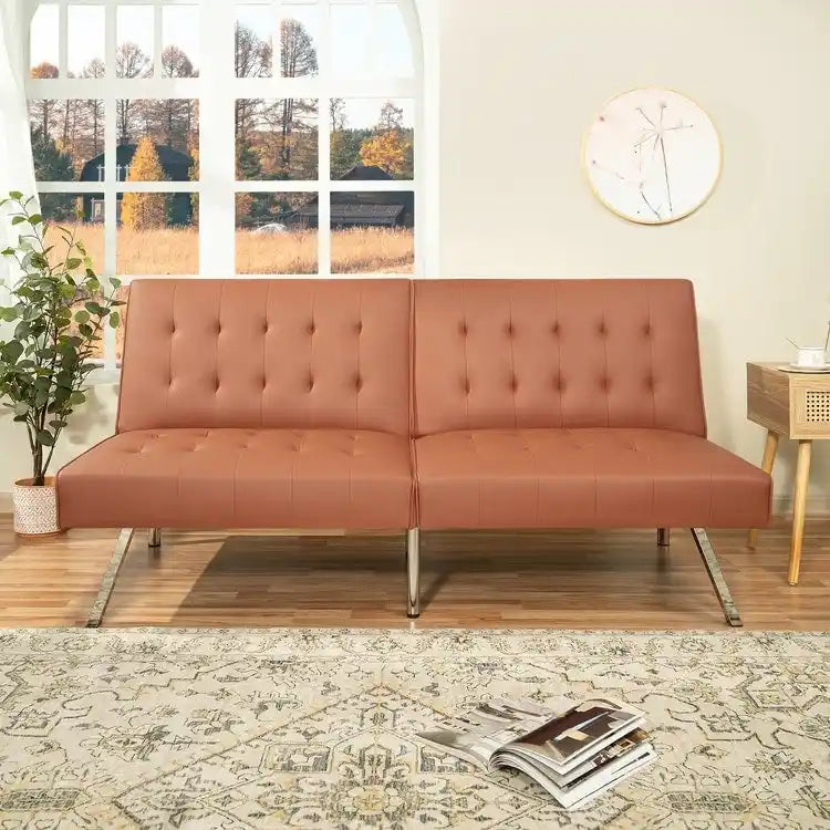 Canapé-lit futon capitonné de style moderne du milieu du siècle, à dossier divisé et pieds chromés