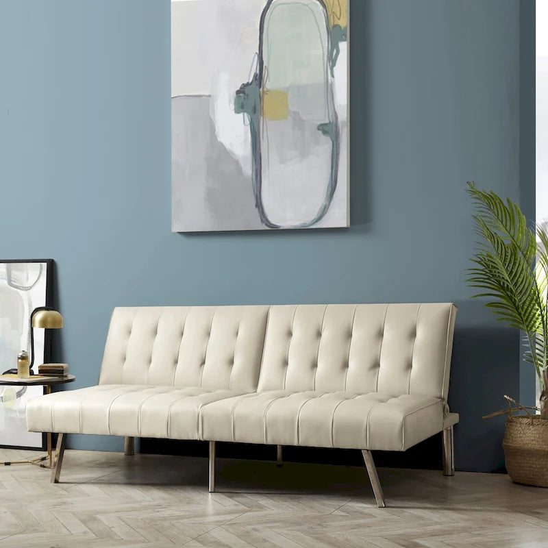 Canapé-lit futon capitonné de style moderne du milieu du siècle, à dossier divisé et pieds chromés