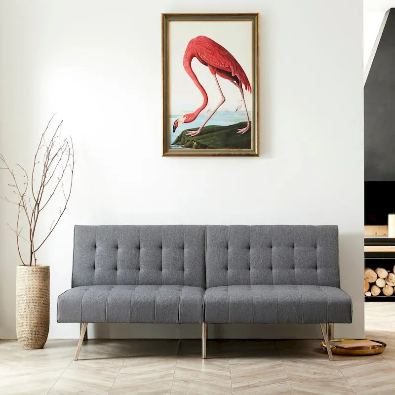 Canapé-lit futon capitonné de style moderne du milieu du siècle, à dossier divisé et pieds chromés