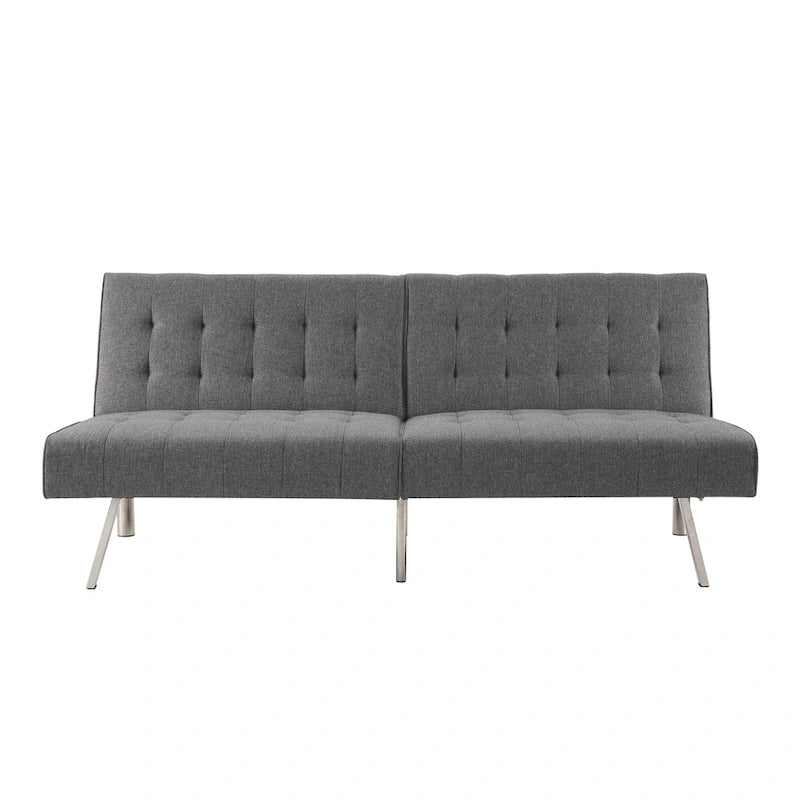Canapé-lit futon capitonné de style moderne du milieu du siècle, à dossier divisé et pieds chromés