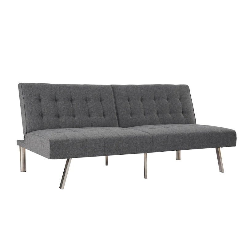 Canapé-lit futon capitonné de style moderne du milieu du siècle, à dossier divisé et pieds chromés