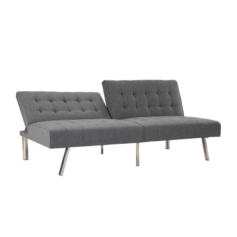 Canapé-lit futon capitonné de style moderne du milieu du siècle, à dossier divisé et pieds chromés