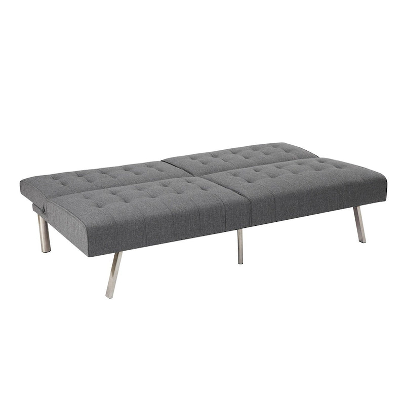 Canapé-lit futon capitonné de style moderne du milieu du siècle, à dossier divisé et pieds chromés