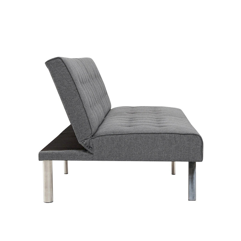 Canapé-lit futon capitonné de style moderne du milieu du siècle, à dossier divisé et pieds chromés