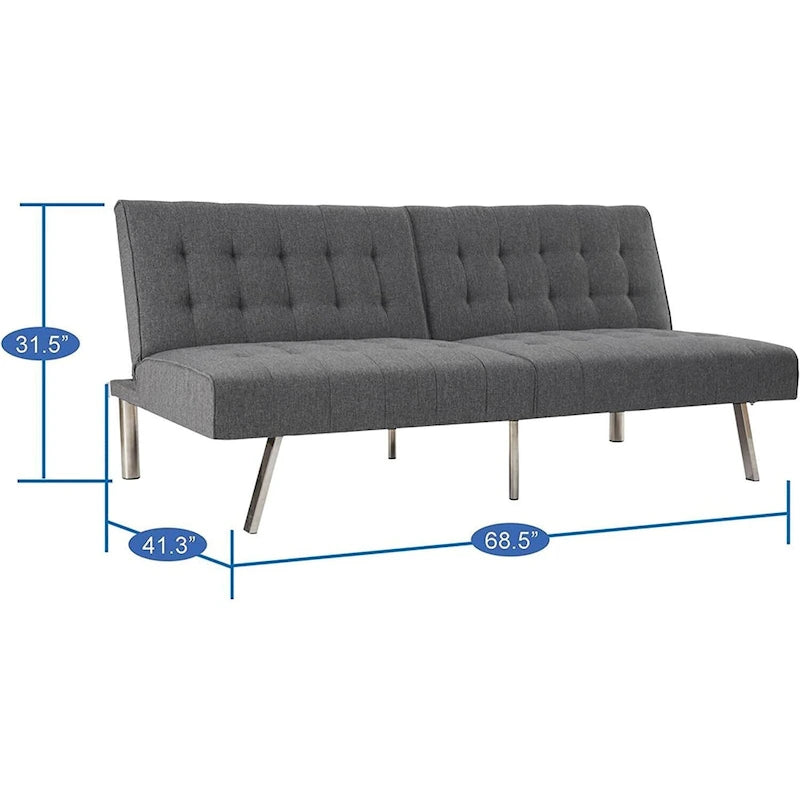 Canapé-lit futon capitonné de style moderne du milieu du siècle, à dossier divisé et pieds chromés