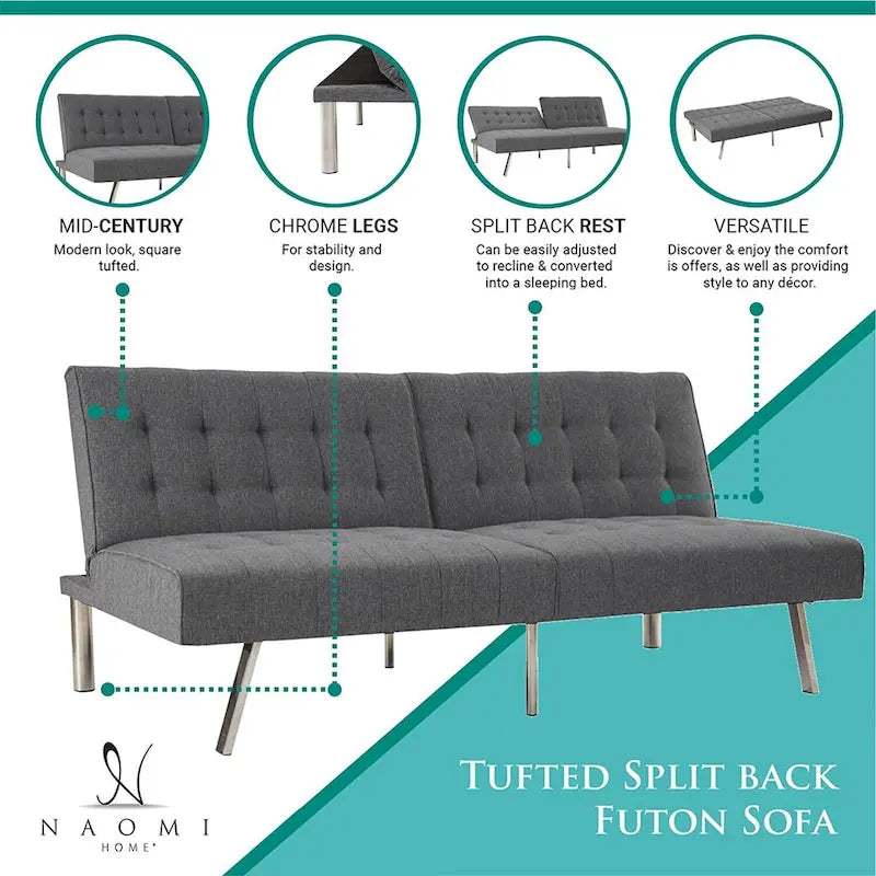 Canapé-lit futon capitonné de style moderne du milieu du siècle, à dossier divisé et pieds chromés