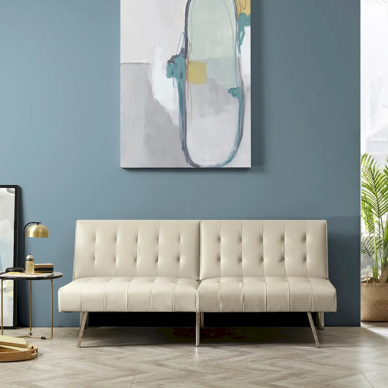 Canapé-lit futon capitonné de style moderne du milieu du siècle, à dossier divisé et pieds chromés