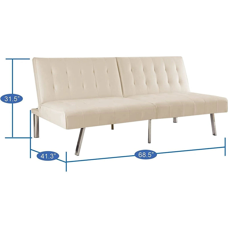 Canapé-lit futon capitonné de style moderne du milieu du siècle, à dossier divisé et pieds chromés