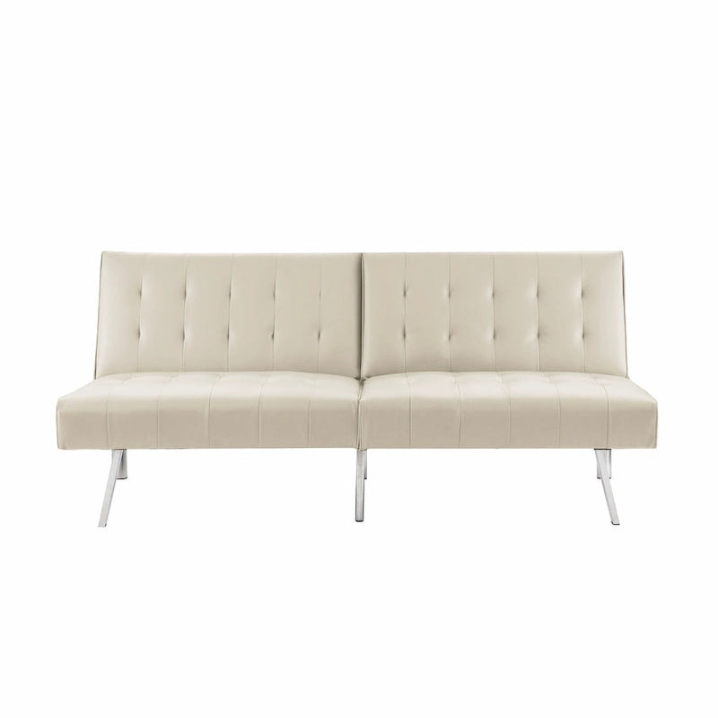 Canapé-lit futon capitonné de style moderne du milieu du siècle, à dossier divisé et pieds chromés