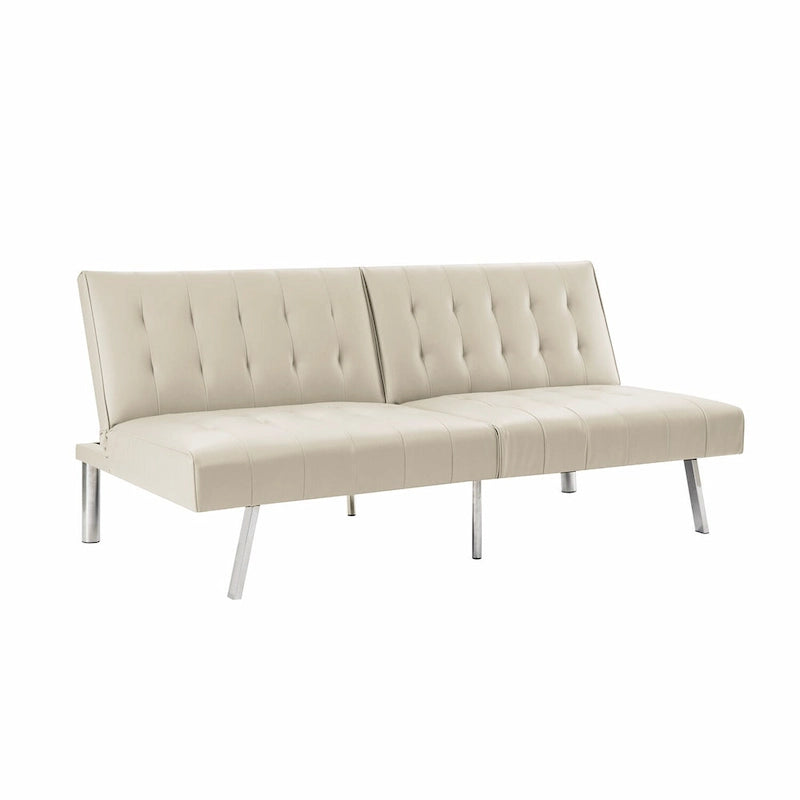 Canapé-lit futon capitonné de style moderne du milieu du siècle, à dossier divisé et pieds chromés