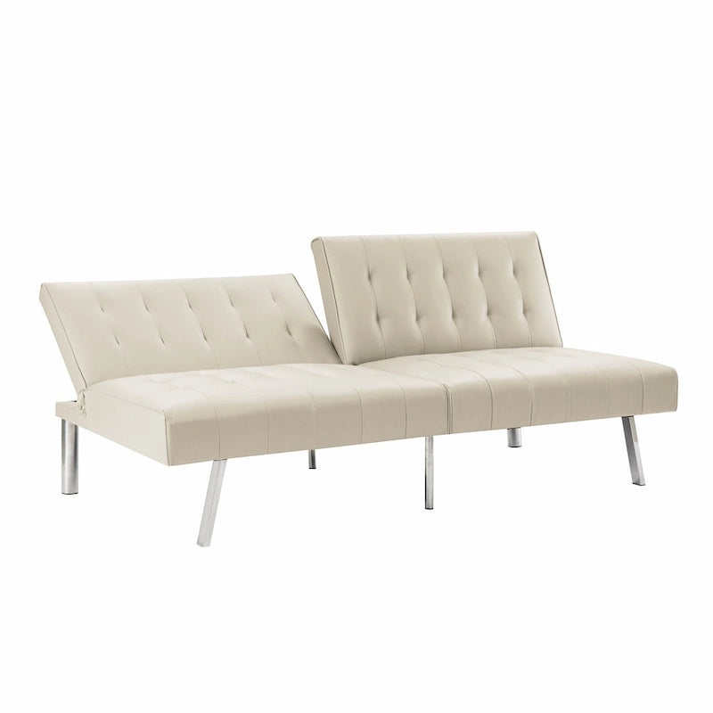 Canapé-lit futon capitonné de style moderne du milieu du siècle, à dossier divisé et pieds chromés