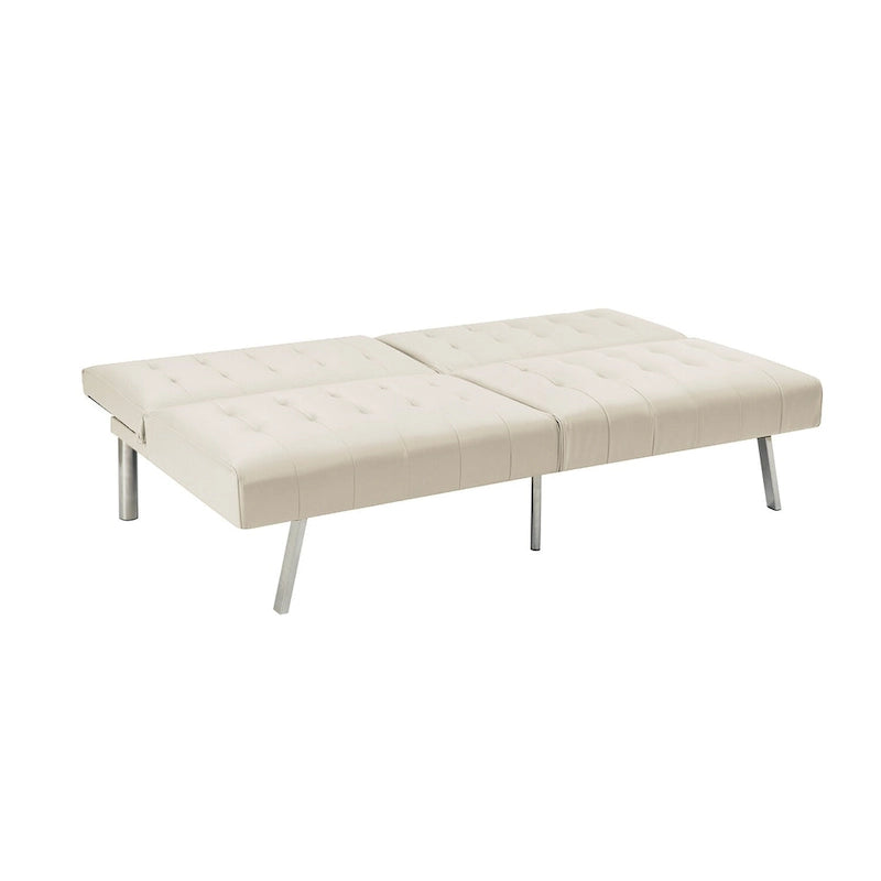 Canapé-lit futon capitonné de style moderne du milieu du siècle, à dossier divisé et pieds chromés