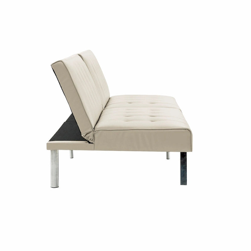 Canapé-lit futon capitonné de style moderne du milieu du siècle, à dossier divisé et pieds chromés