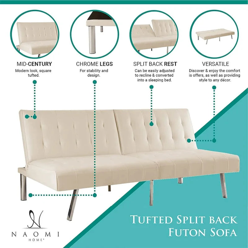 Canapé-lit futon capitonné de style moderne du milieu du siècle, à dossier divisé et pieds chromés