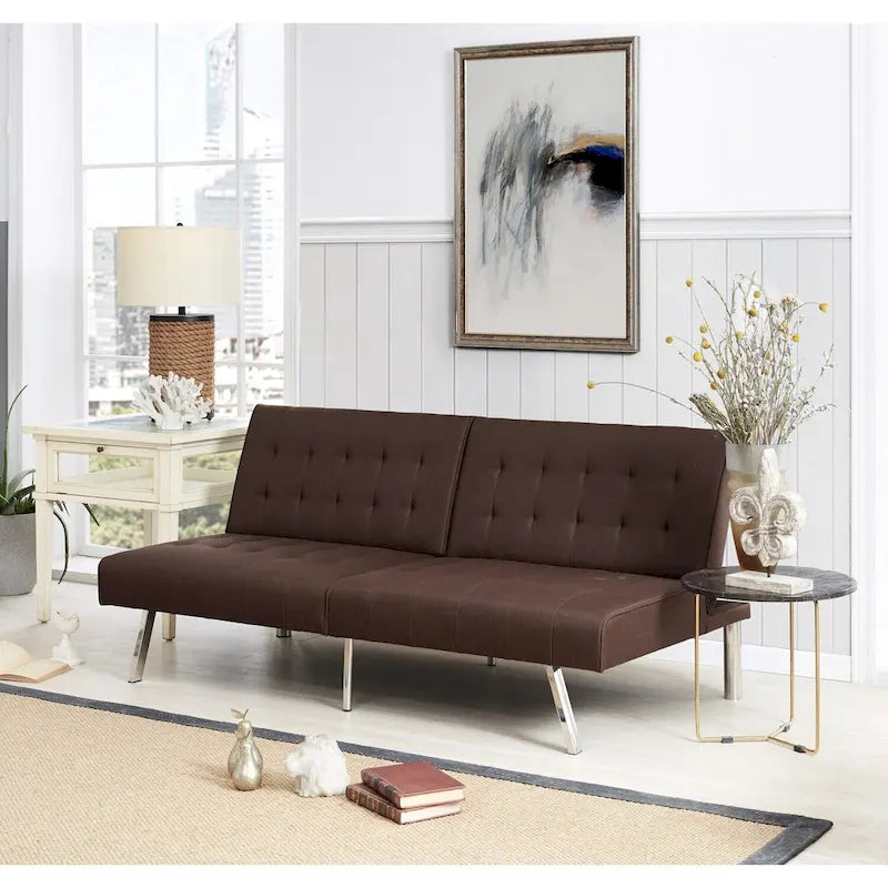 Canapé-lit futon capitonné de style moderne du milieu du siècle, à dossier divisé et pieds chromés