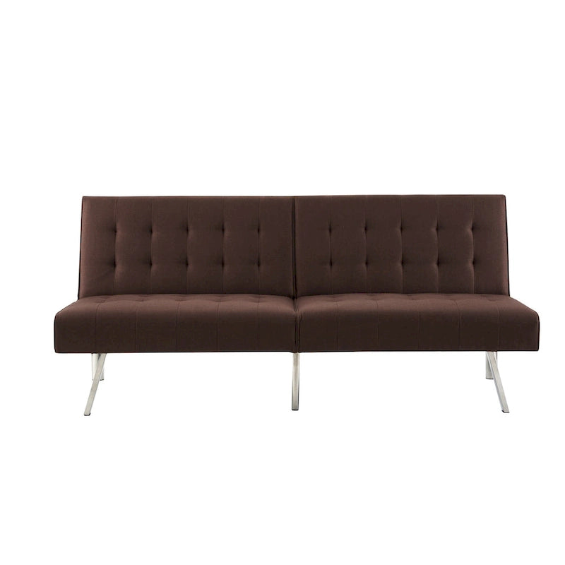 Canapé-lit futon capitonné de style moderne du milieu du siècle, à dossier divisé et pieds chromés