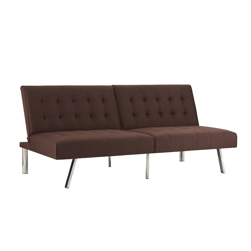 Canapé-lit futon capitonné de style moderne du milieu du siècle, à dossier divisé et pieds chromés
