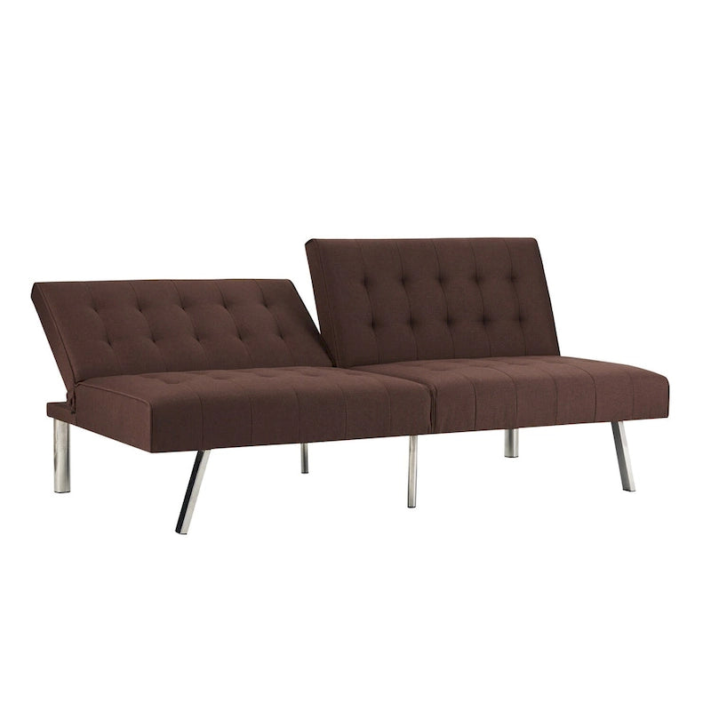 Canapé-lit futon capitonné de style moderne du milieu du siècle, à dossier divisé et pieds chromés