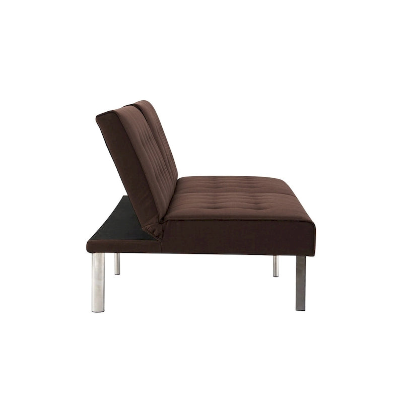 Canapé-lit futon capitonné de style moderne du milieu du siècle, à dossier divisé et pieds chromés