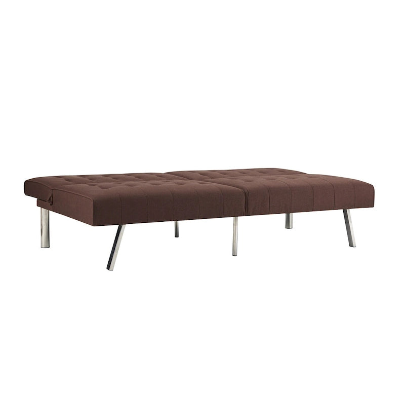 Canapé-lit futon capitonné de style moderne du milieu du siècle, à dossier divisé et pieds chromés