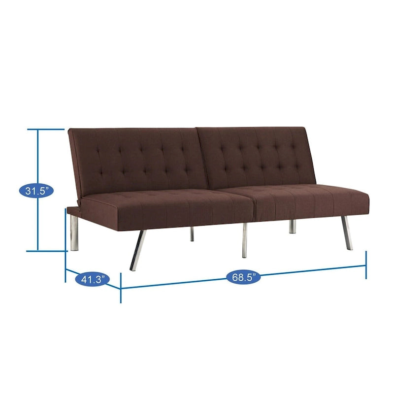 Canapé-lit futon capitonné de style moderne du milieu du siècle, à dossier divisé et pieds chromés