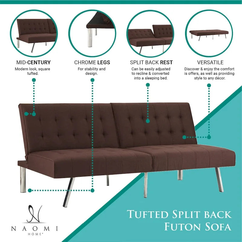 Canapé-lit futon capitonné de style moderne du milieu du siècle, à dossier divisé et pieds chromés
