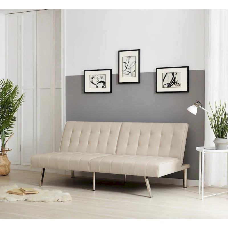 Canapé-lit futon capitonné de style moderne du milieu du siècle, à dossier divisé et pieds chromés