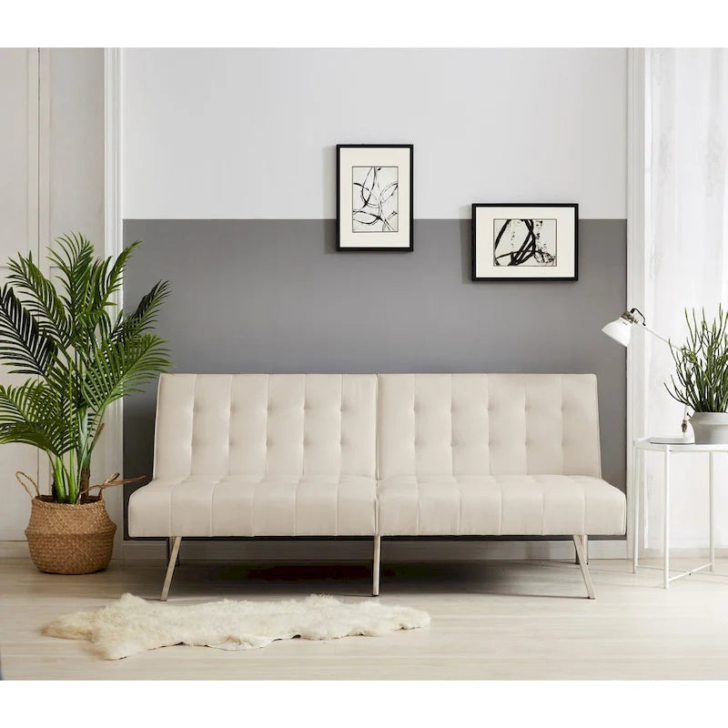 Canapé-lit futon capitonné de style moderne du milieu du siècle, à dossier divisé et pieds chromés