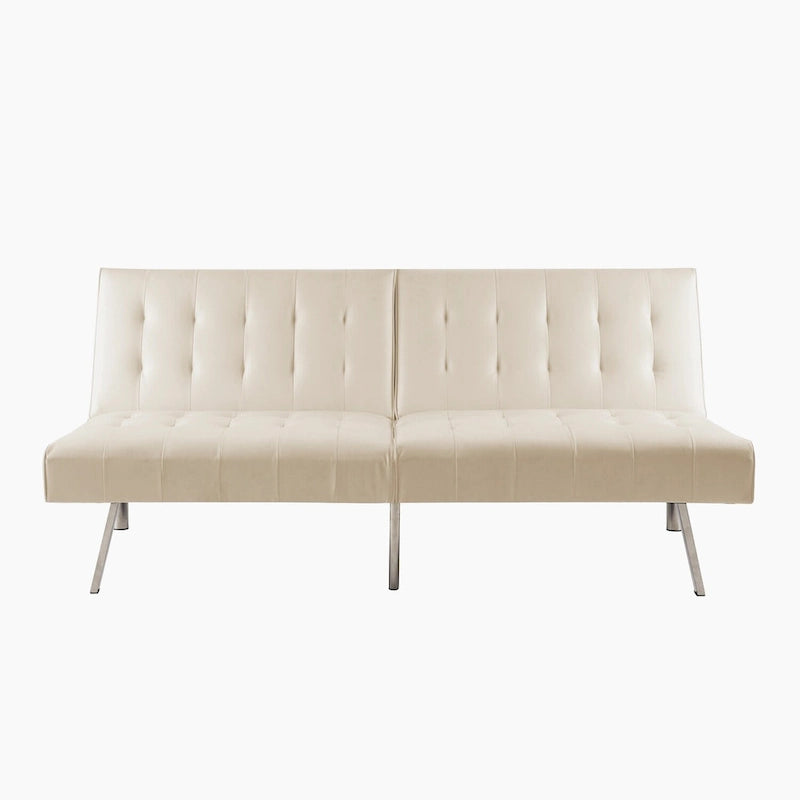 Canapé-lit futon capitonné de style moderne du milieu du siècle, à dossier divisé et pieds chromés
