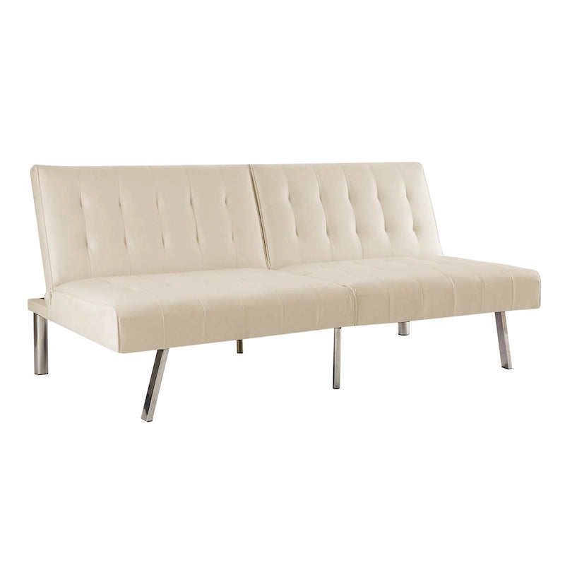Canapé-lit futon capitonné de style moderne du milieu du siècle, à dossier divisé et pieds chromés