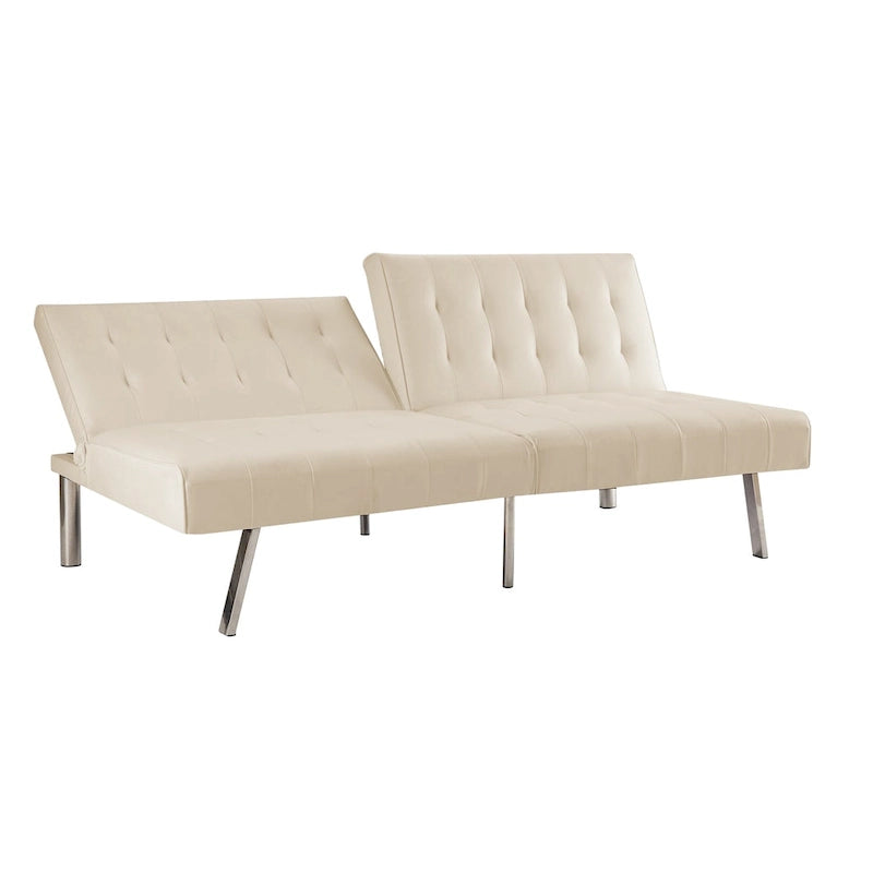 Canapé-lit futon capitonné de style moderne du milieu du siècle, à dossier divisé et pieds chromés