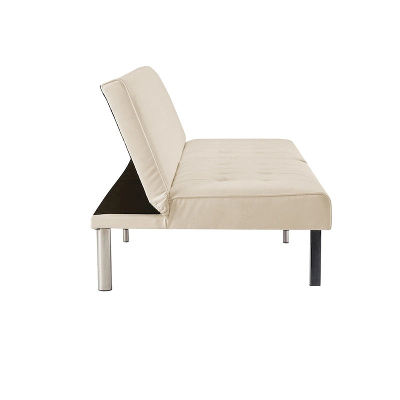 Canapé-lit futon capitonné de style moderne du milieu du siècle, à dossier divisé et pieds chromés