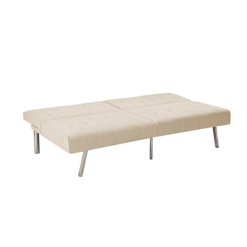 Canapé-lit futon capitonné de style moderne du milieu du siècle, à dossier divisé et pieds chromés